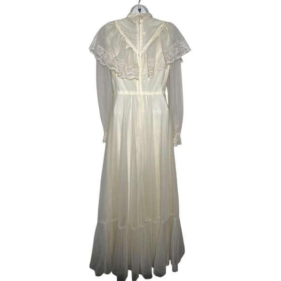 Vintage 70s Chiffon Maxi Wedding Dress Union Made Prom Ivory Lace Hi Neck Small - Picture 9 of 16